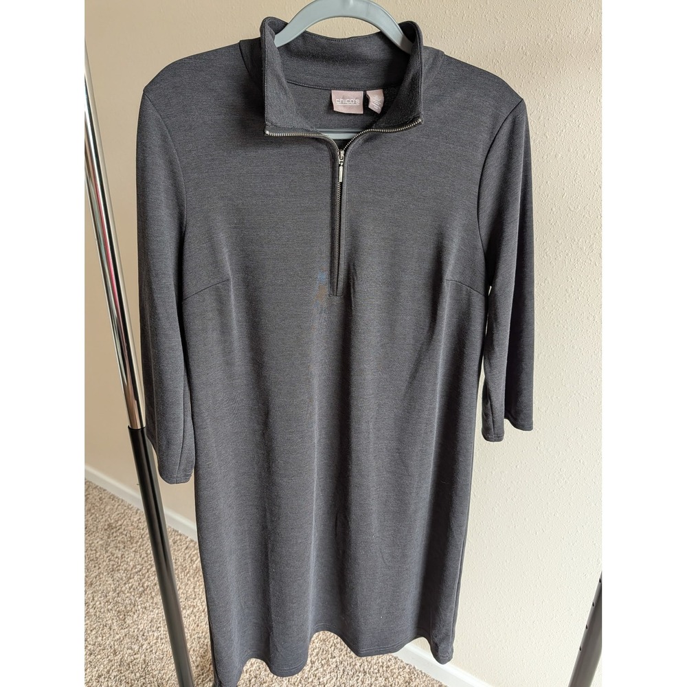 Chicos Womens Charcoal Gray Quarter Zip Mock Neck 3/4 Sleeve Shift Dress Size 2